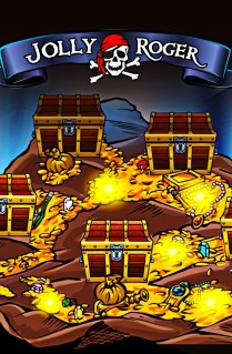 Image of Jolly Roger online slot. Join the sea pirates in their quest for riches in this cartoonish slot with 5 reels, 15 paylines, and 2 great bonus features.  