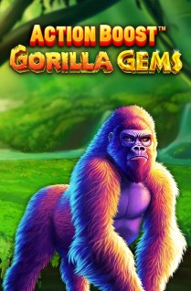 Image of Action Boost™ Gorilla Gems online slot.  Forage through the trees to find bountiful rewards with the Mystery symbols that can land on any spin and all reveal the same random paytable symbol. 